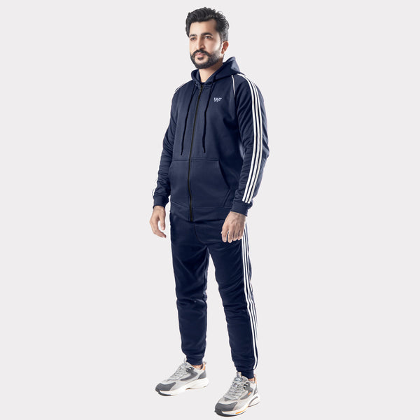 Navy Blue Tracksuit With Three White Stripes
