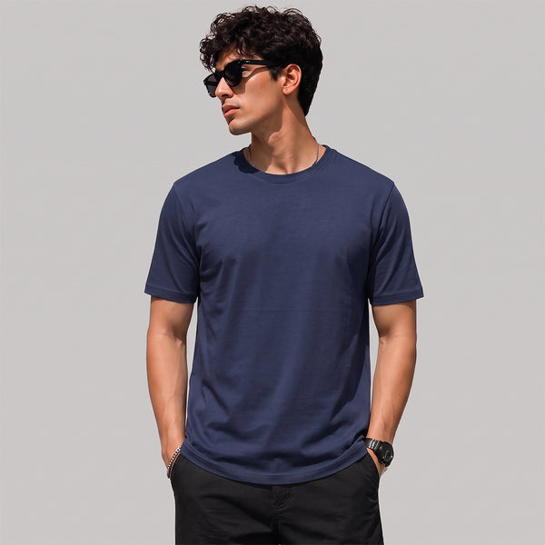 Navy Plain 4 Way Stretch Cotton Tshirt