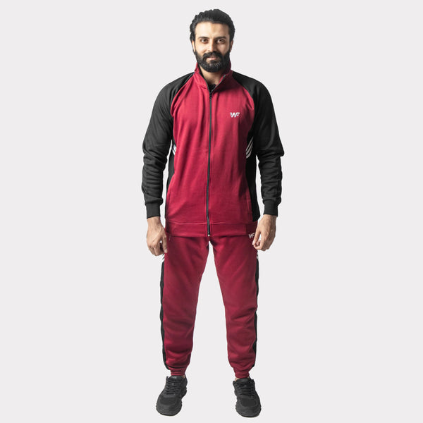 Maroon and Black Tracksuit With Three White Stripes