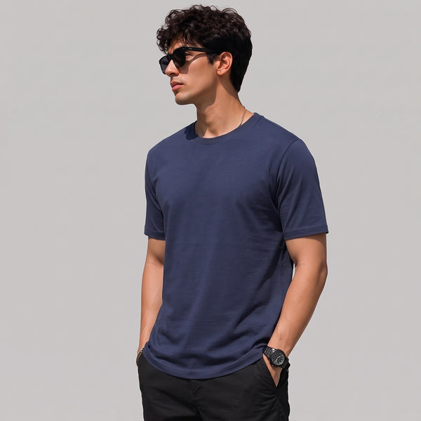 Navy Plain 4 Way Stretch Cotton Tshirt