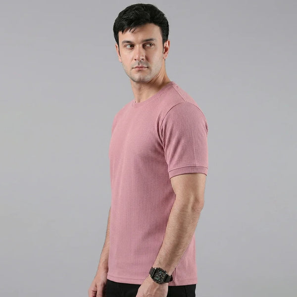 Pink Ribbed Crew Neck T shirt.