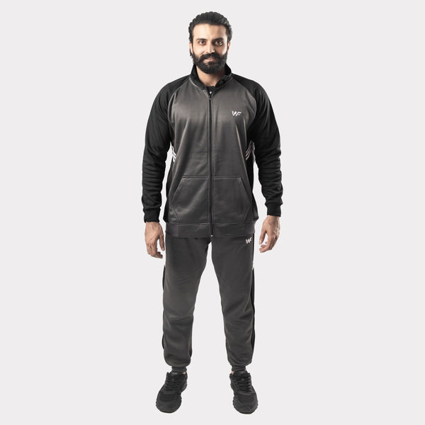 Charcoal and Black Tracksuit With Three White Stripes