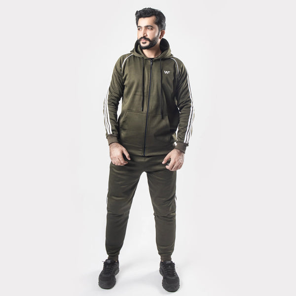 Olive Green Tracksuit With Three White Stripes
