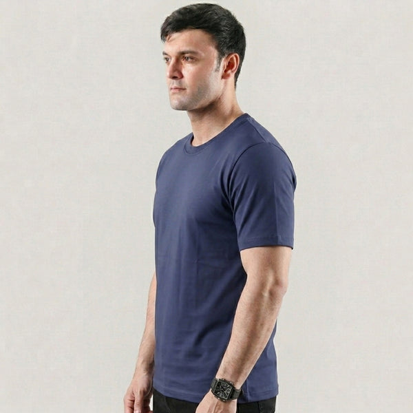 Navy Plain Lycra Cotton Tshirt