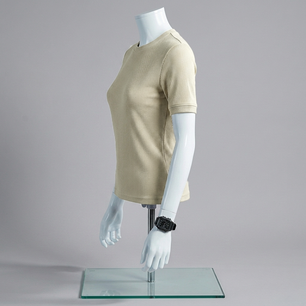 Beige Ribbed Crew Neck T Shirt