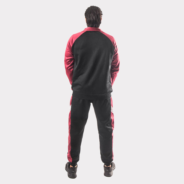 Black and Maroon Tracksuit With Three White Stripes