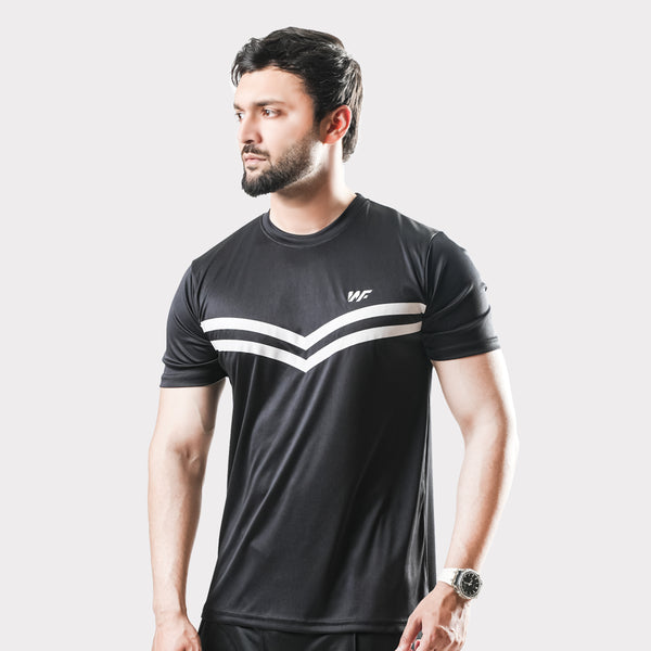Black Quick Dry T-Shirt with Front white Stripes