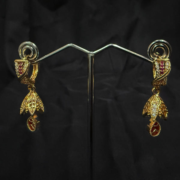 Gold & Red Dangle Jhumka Earrings