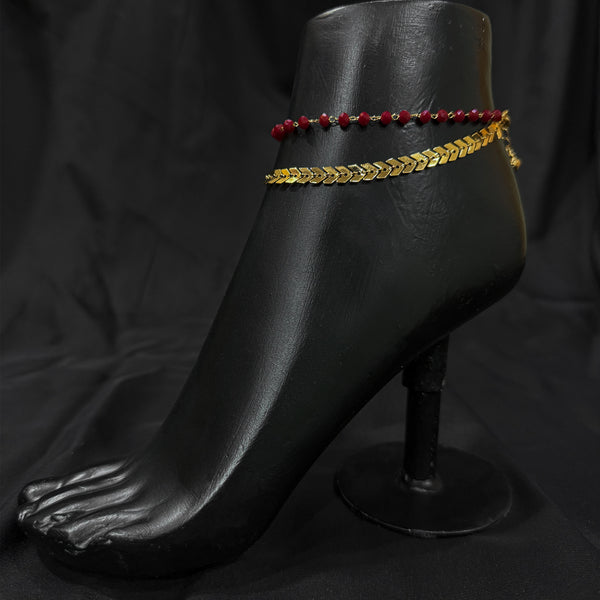 Gold-Toned Chain Anklet With Red Beads
