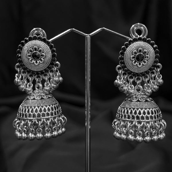 Silver Round Jumkas With Black Beaded