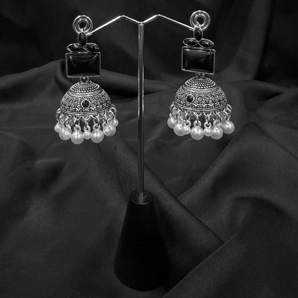 Silver Jhumka Earrings With Black Stone
