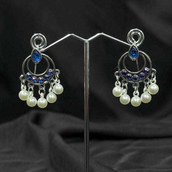 Silver plated Earrings With Blue & white pearls.