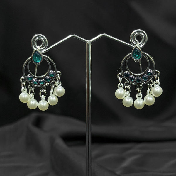 Silver plated Earrings With Green & white pearls