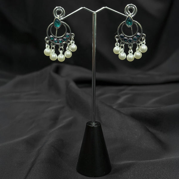 Silver plated Earrings With Green & white pearls