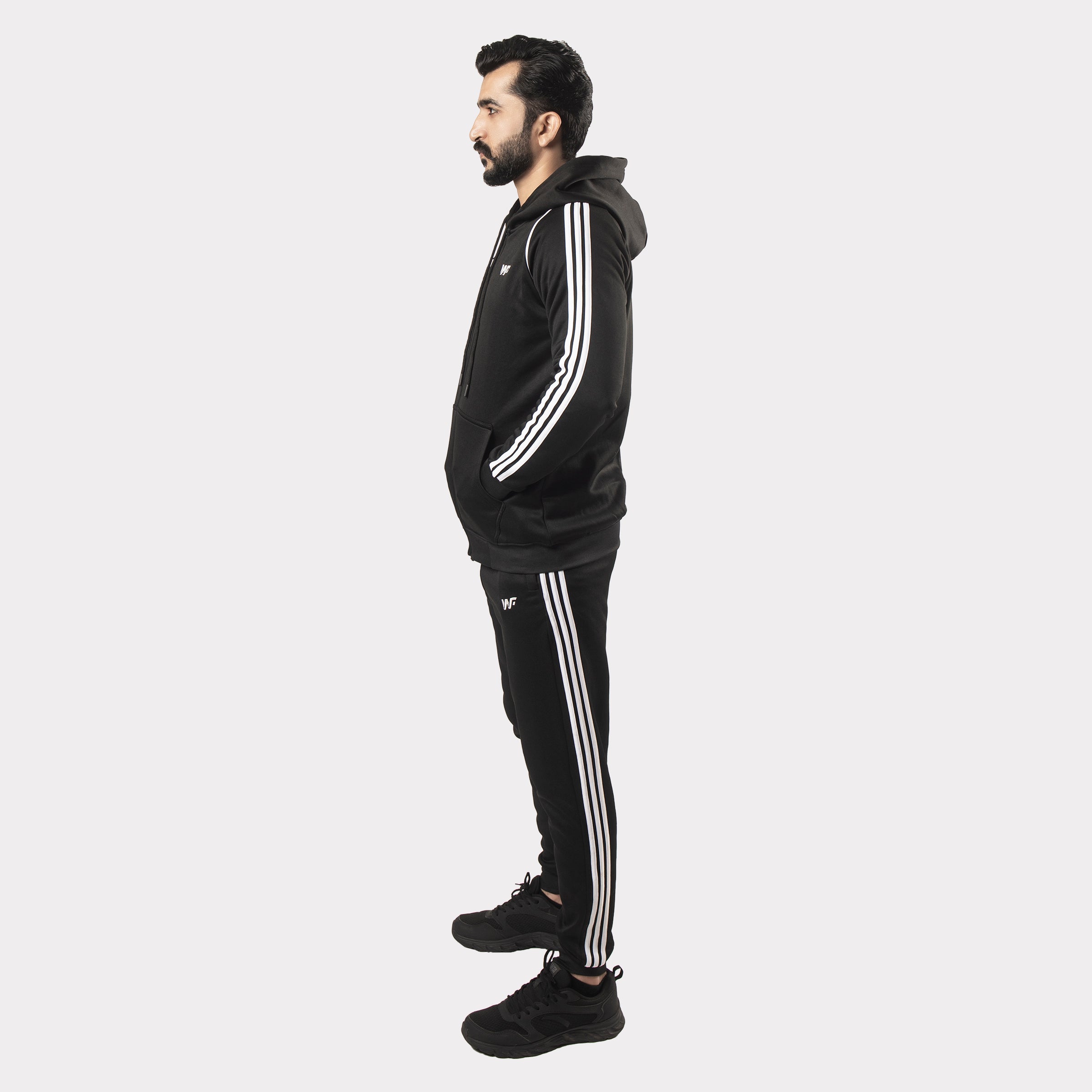 Black Tracksuit With Three White Stripes Wear To Fit