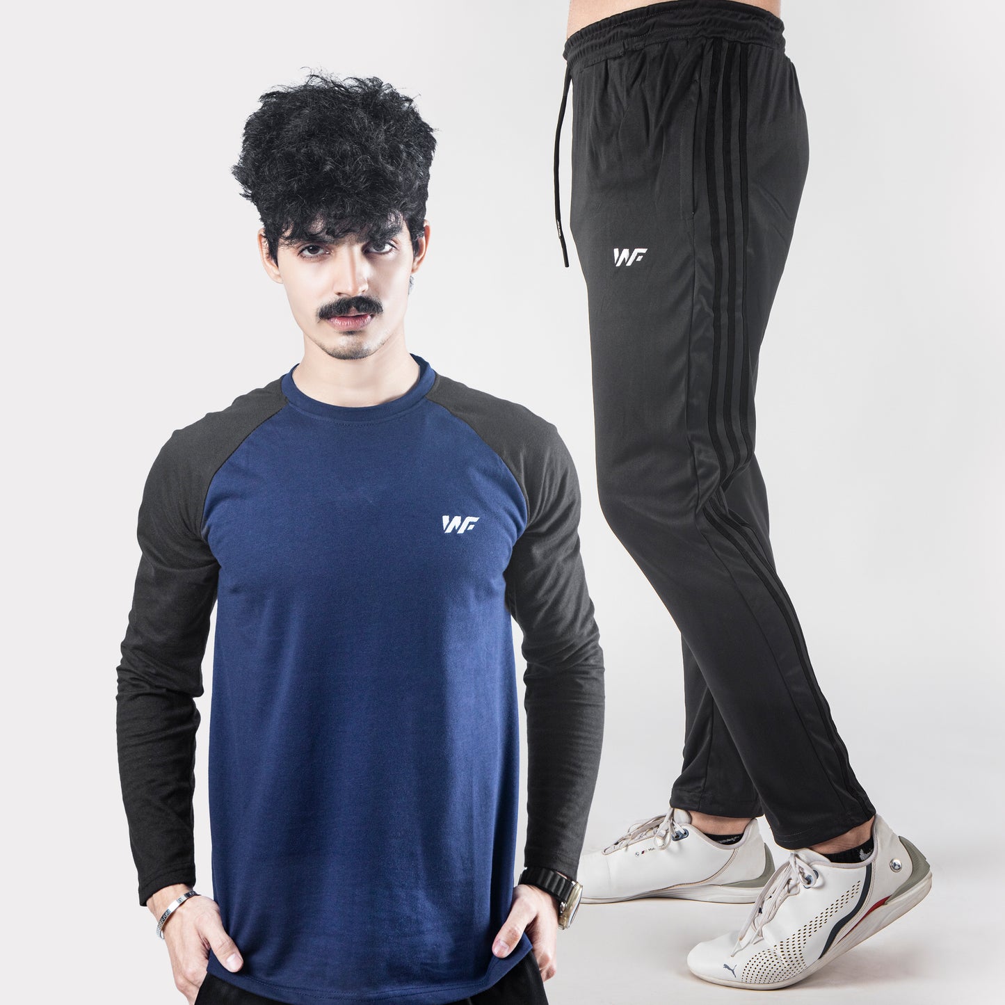 Blue Melange & Black Raglan & Black Three Stripes Trouser