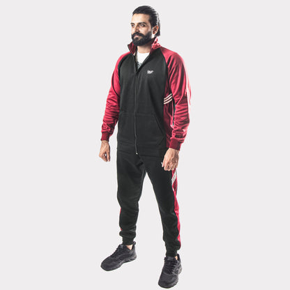 Black and Maroon Tracksuit With Three White Stripes