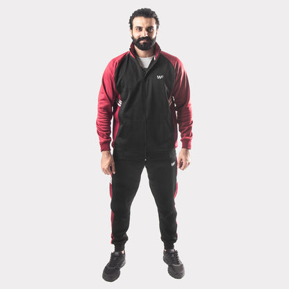 Black and Maroon Tracksuit With Three White Stripes