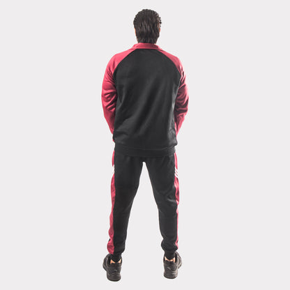 Black and Maroon Tracksuit With Three White Stripes