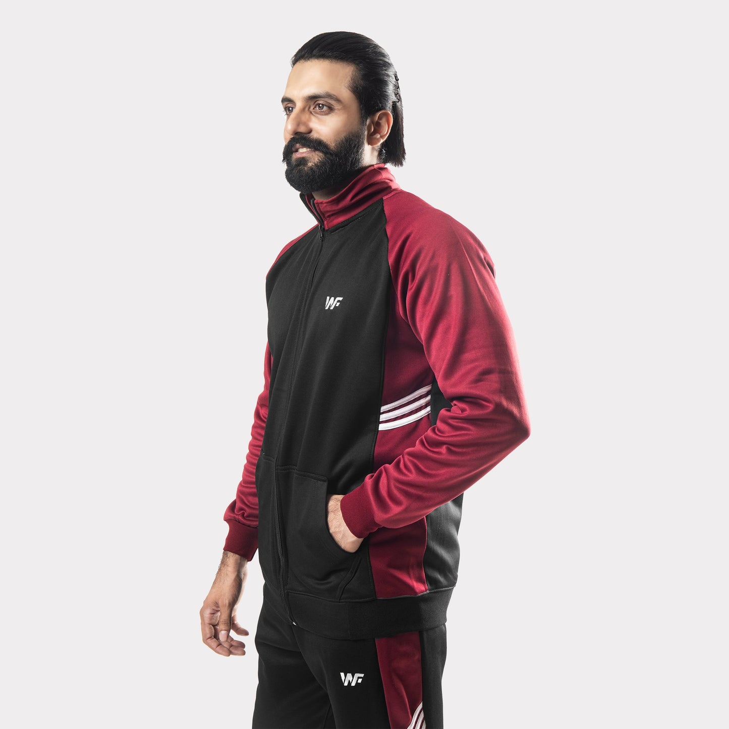 Black and Maroon Tracksuit With Three White Stripes