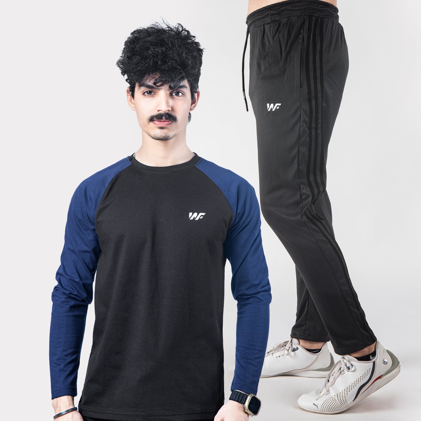 Black Melange & Blue Raglan & Black Three Stripes Trouser