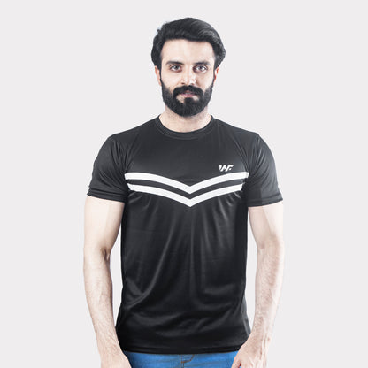 Black  Quick Dry T-Shirt with Front white Stripes