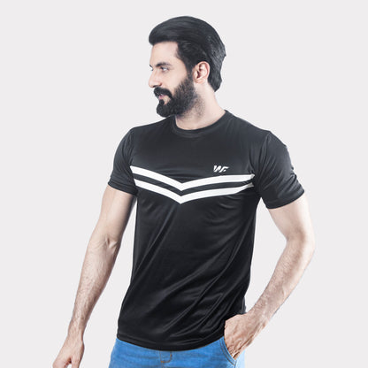 Black  Quick Dry T-Shirt with Front white Stripes