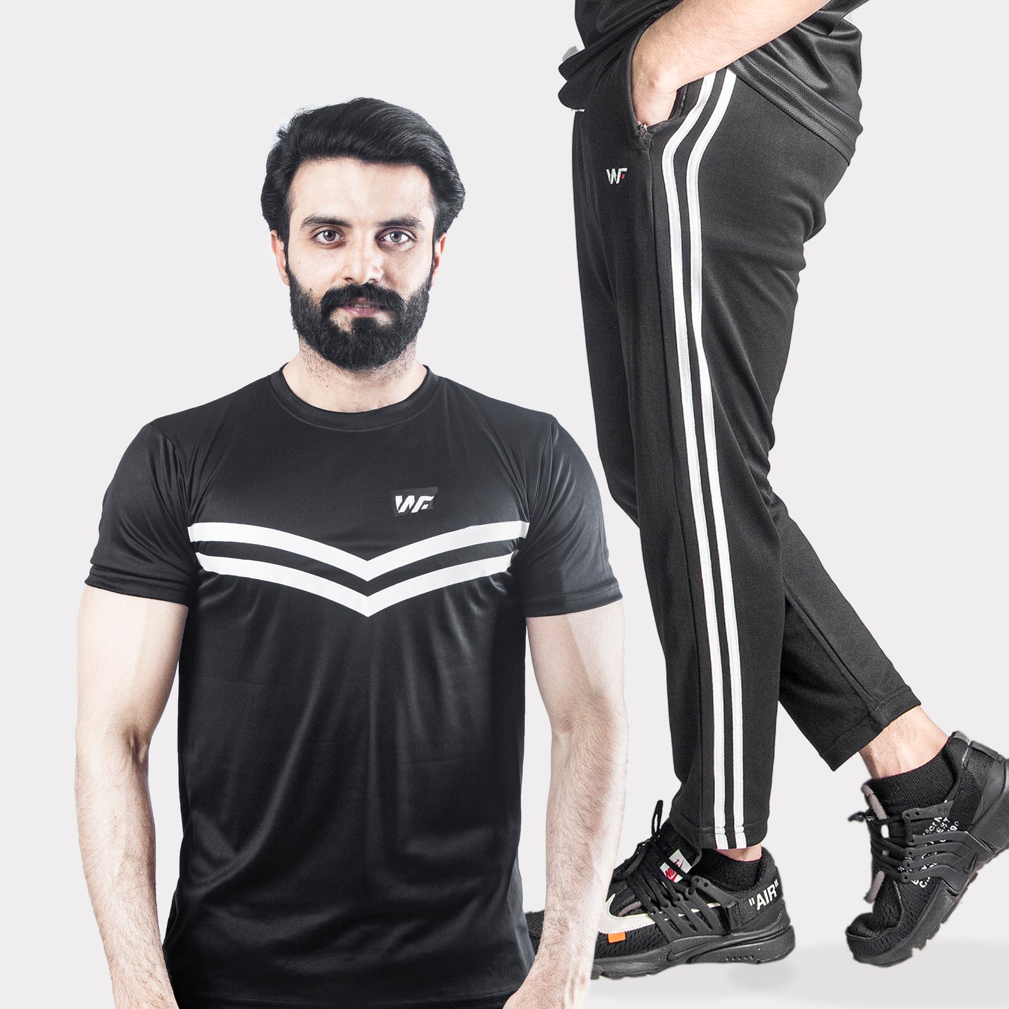 Two White Strips Sets Black T-Shirt & Black Trouser