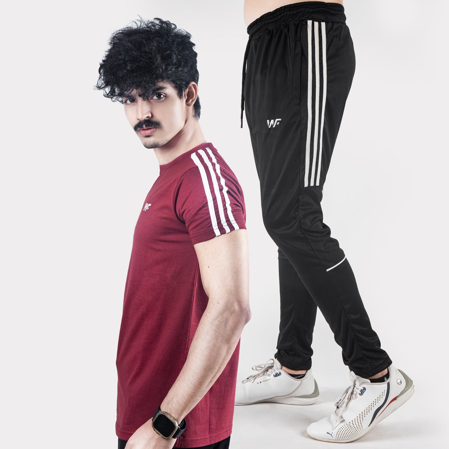 Three White Strips Sets Maroon T-Shirt & Black Trouser