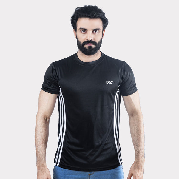 Black Quick Dry T-Shirt with Forward Three White Stripes