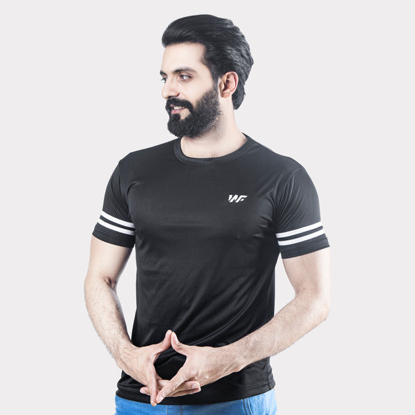 Black Quick Dry T-Shirt with White Dual Arm Stripes