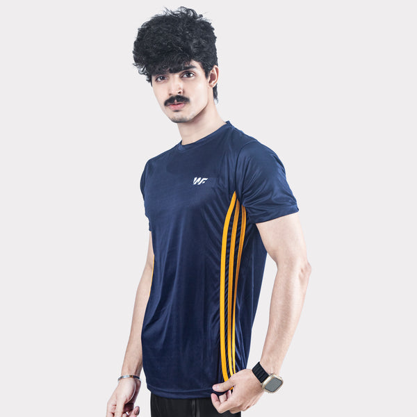Blue Quick Dry T-Shirt with Forward Three Yellow Stripes