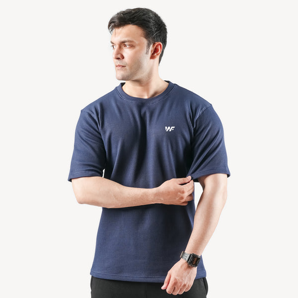 Self Lining Navy Blue Relaxed Fit lycra Tshirt