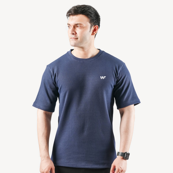 Self Lining Navy Blue Relaxed Fit lycra Tshirt