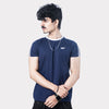 Navy Cotton T-Shirt with White Shoulder Stripes