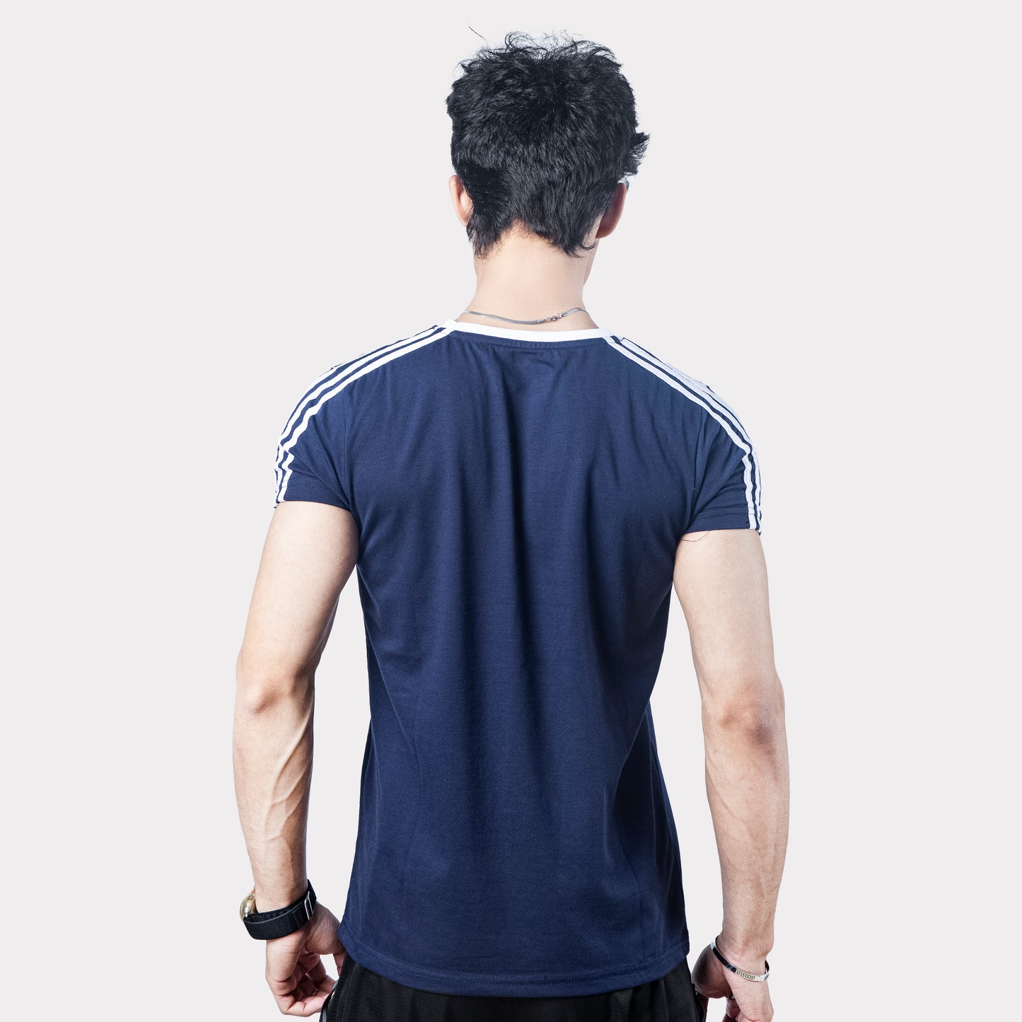 Navy Blue Cotton T-Shirt with White Shoulder Stripes