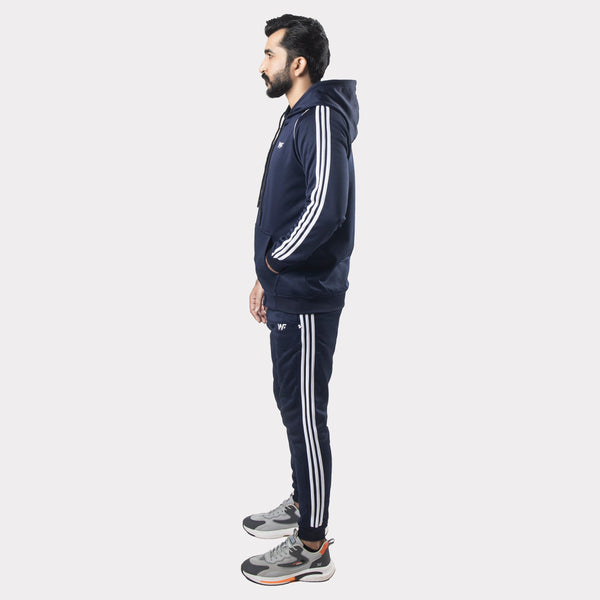 Navy Blue Tracksuit With Three White Stripes