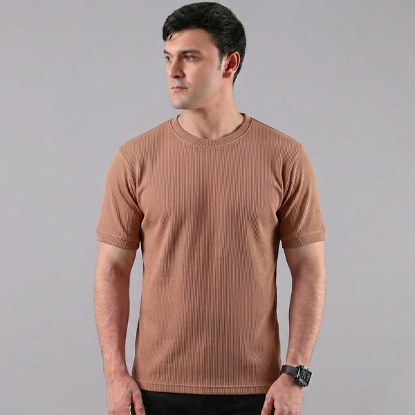Brown Ribbed Crew Neck T shirt