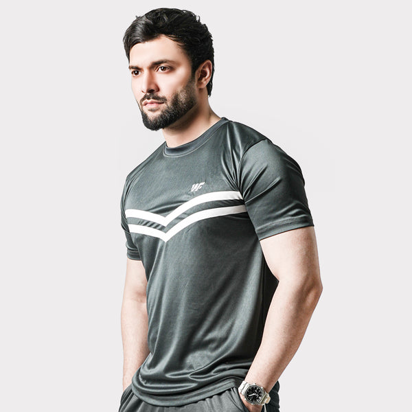 Smoky Gray Quick Dry T-Shirt with Front white Stripes