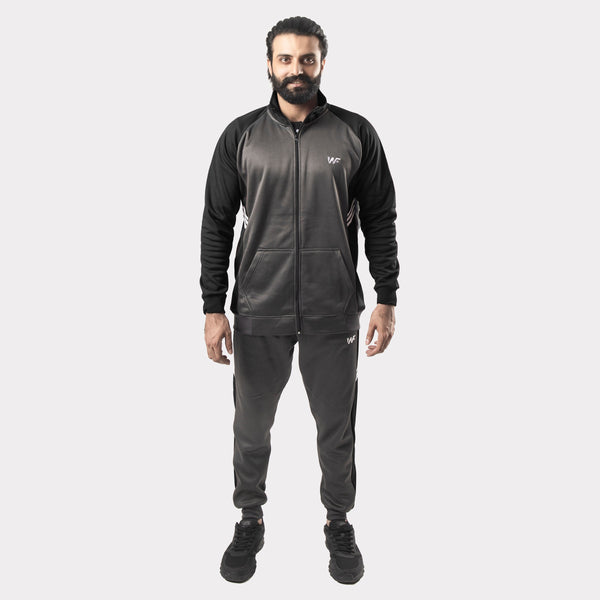 Charcoal and Black Tracksuit With Three White Stripes
