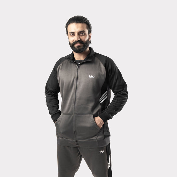 Charcoal and Black Tracksuit With Three White Stripes