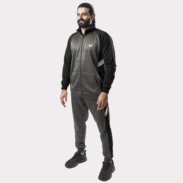 Charcoal and Black Tracksuit With Three White Stripes