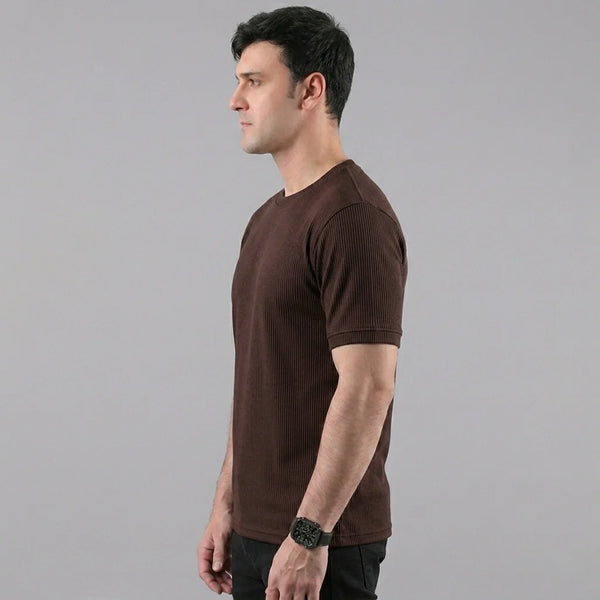 Dark Brown Ribbed Crew Neck T shirt