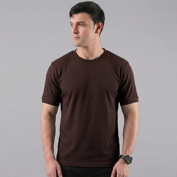 Dark Brown Ribbed Crew Neck T shirt