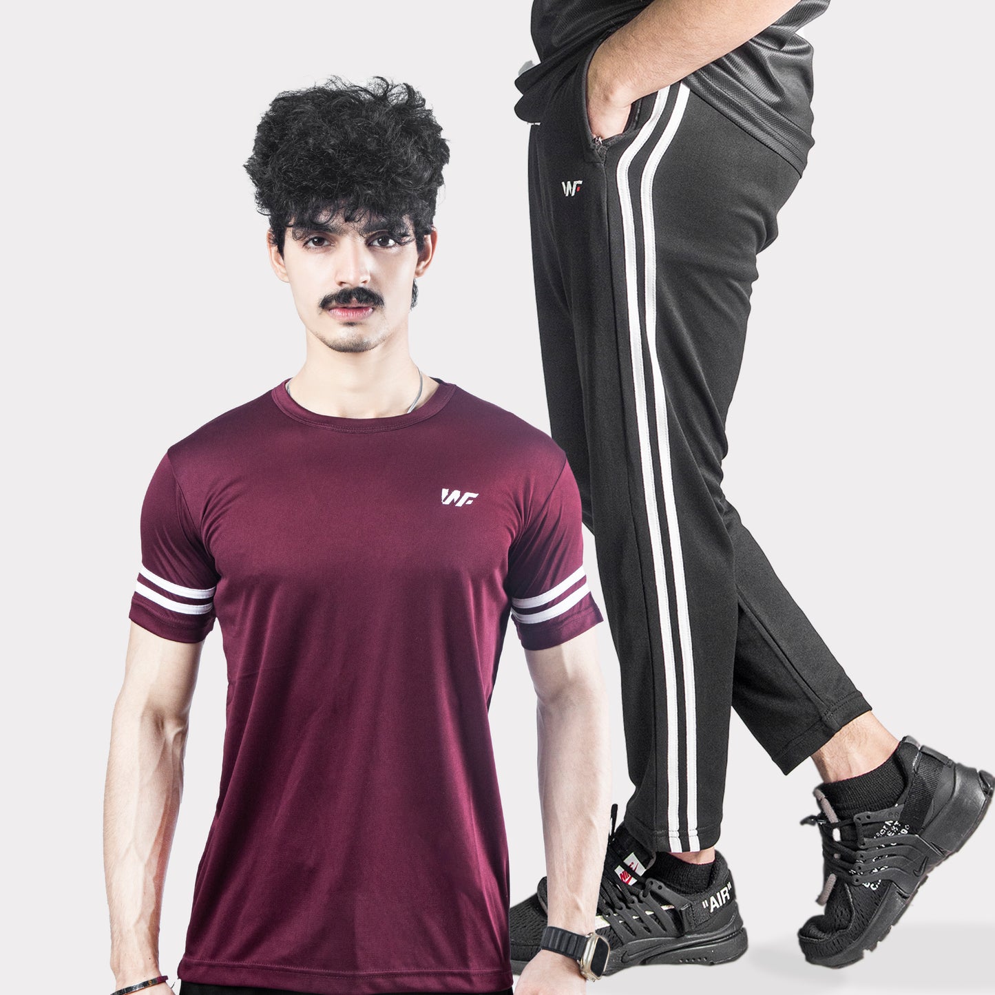 Two White Strips Sets Maroon  T-Shirt & Black Trouser