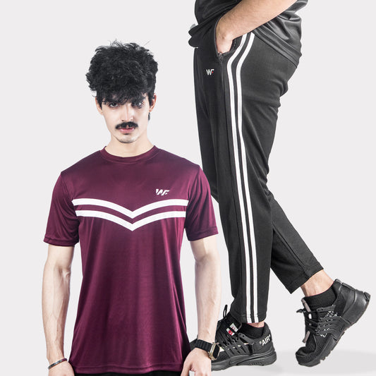 Two White Strips Sets Maroon T-Shirt & Black Trouser