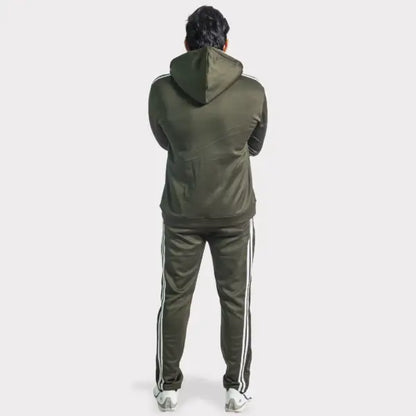 Olive Green Tracksuit with Two White Stripes