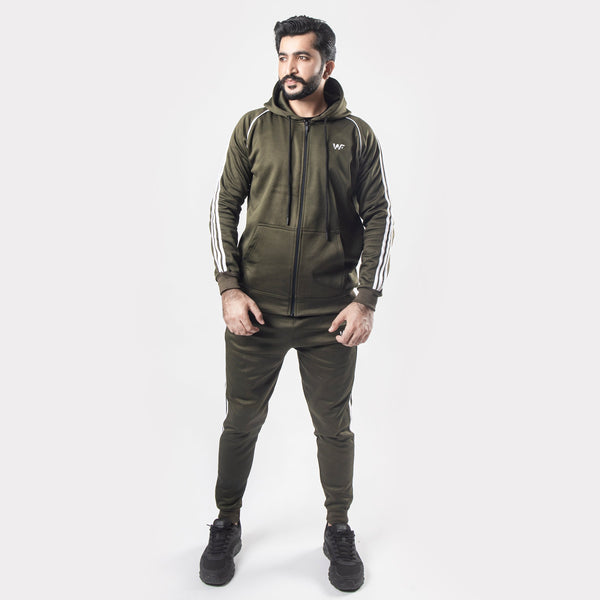 Olive Green Tracksuit With Three White Stripes