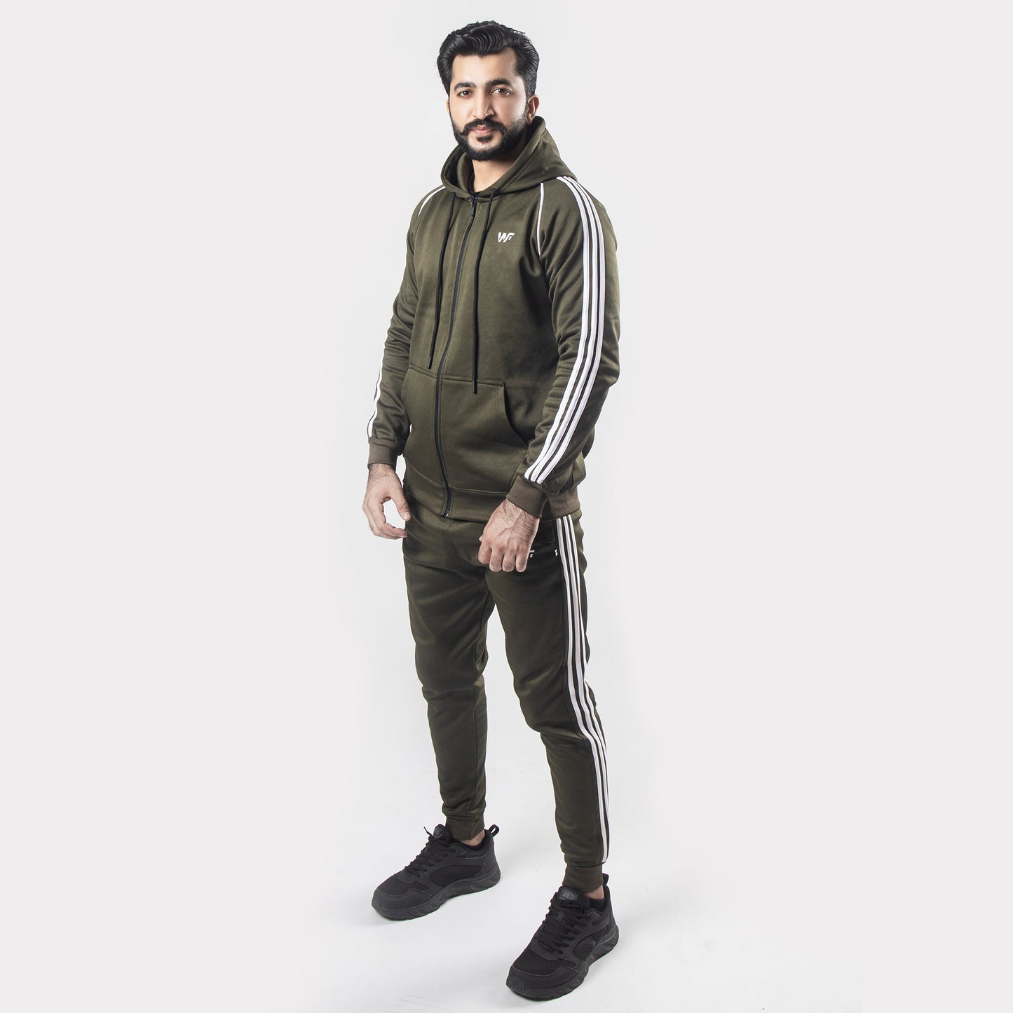 Olive Green Tracksuit With Three White Stripes