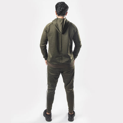 Olive Green Tracksuit With Three White Stripes